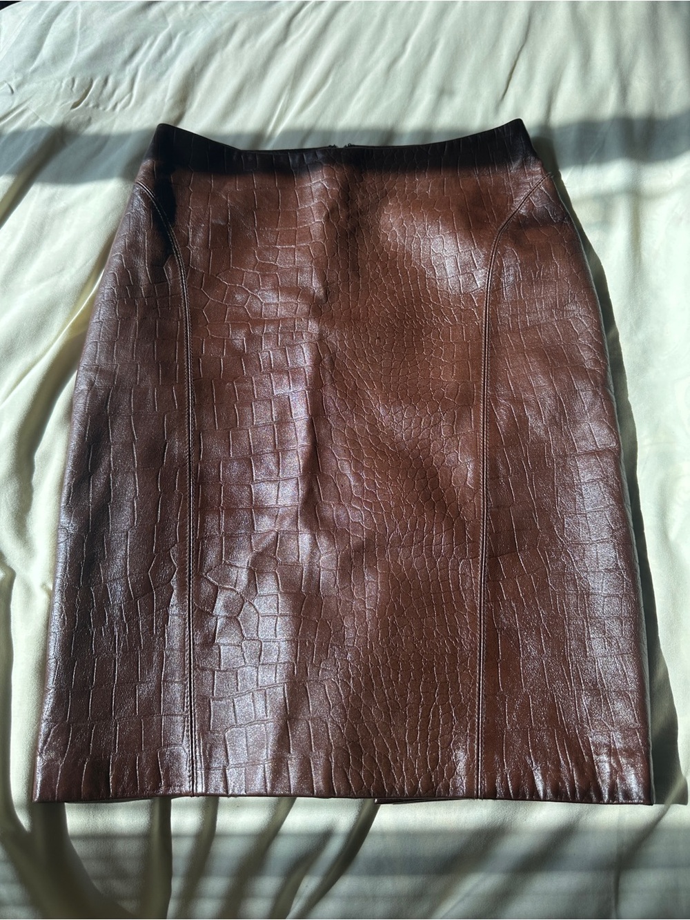 Vintage Genuine Leather Croc Embossed Pencil Skirt in Brown - Moda International